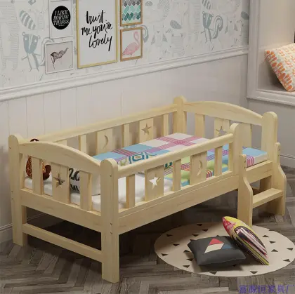 Single Child Solid Wood Boy Wooden Baby Bed Cot with Guardrail