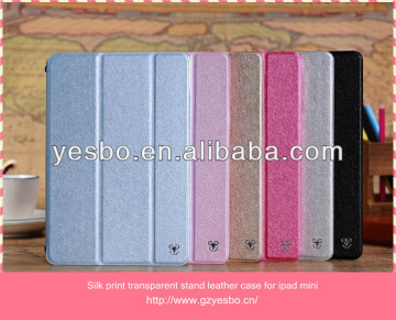 Silk print transparent back stand leather case for ipad mini