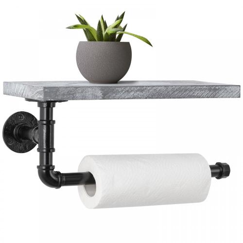 Industrial Toilet Paper Holder with Grey Wood Shelf