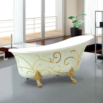Gold Claw Foot Bathtub with Colorful Flower Mosaic Pattern