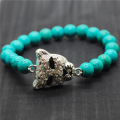 Turquoise 8MM Round Beads Stretch Gemstone Bracelet with Diamante alloy leopard head Piece