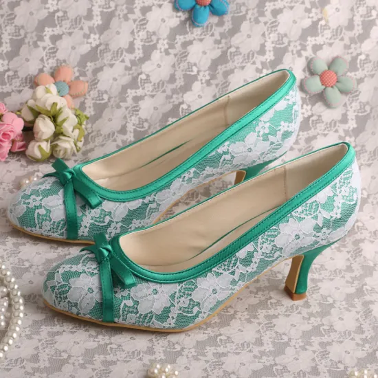 Medium Heel Olive Green Bridal Shoes with Bow