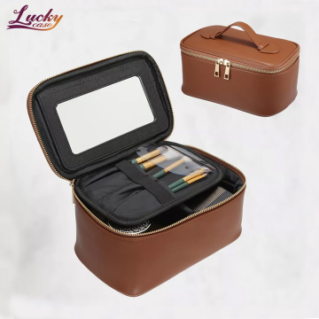 Stylish Brown PU Leather Large Makeup Organizer Bag with Mirror for Travel