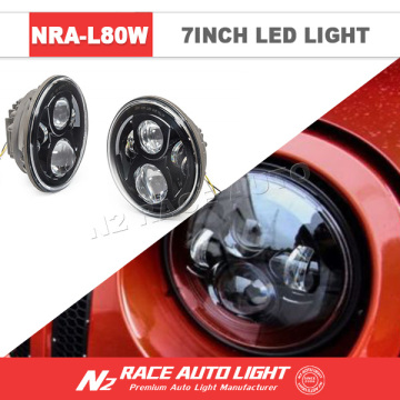 E-Mark DOT Certificate Round 7inch LED Headlight H4 6000k 80w with Angel Eye