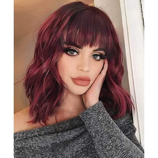 Vigorous 14 inches Natural Wave Wig Wine Red Hair with Bangs Synthetic Short Wig for Women Heat Resistant Fiber Hair