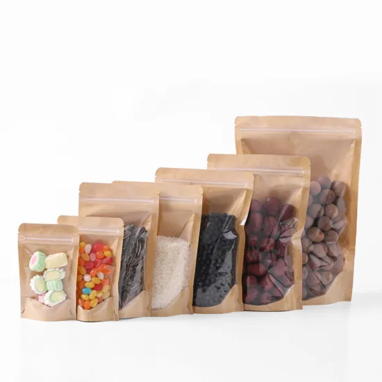 Custom Brown and White Kraft Craft Paper Standing Up Pouches with Window - Food Packaging Zipper Bags