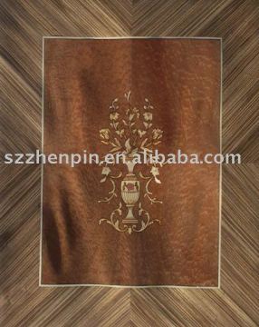 Marquetry wood inlay and door veneer rosette with Zebrawood Border, Inner background is heavily burled mahogany