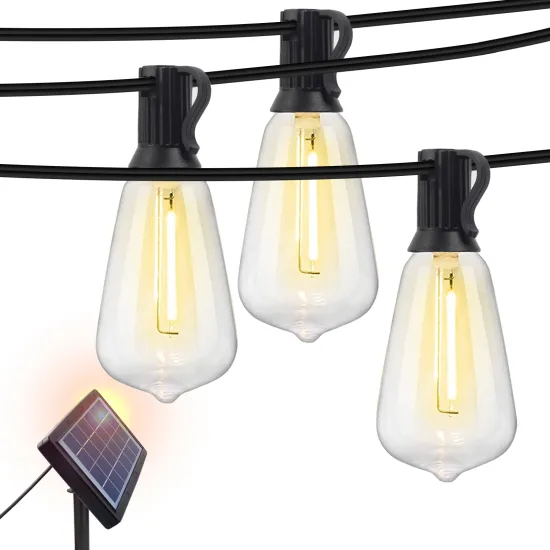 Outdoor Solar-Powered ST38 Edison Bulb LED Garland String Light - 25 Pieces, 52ft (15m) Waterproof Design