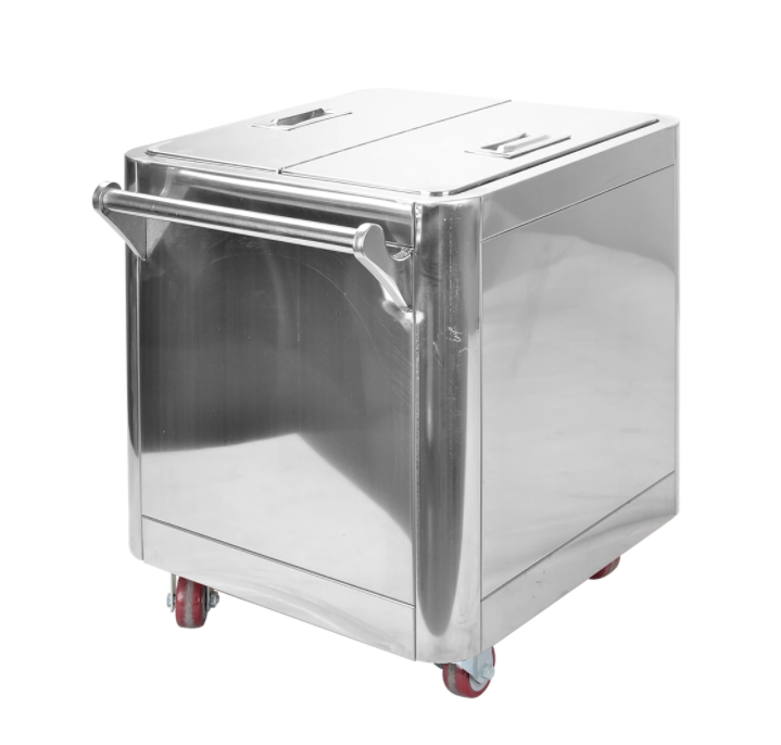 Stainless steel trolley used to store flour