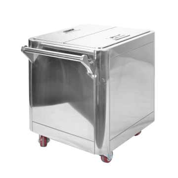 Stainless steel trolley used to store flour