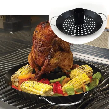 BBQ non stick carbon steel fry pan roaster pan vertical rotating chicken grill Beer Can Chicken Roaster