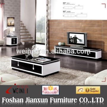 887# Black glass top wood coffee table with drawers