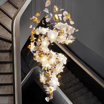 Modern Luxury Hotel Restaurant Villa with Large Glass Flower Chandeliers and LED Lighting