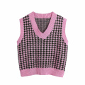 Women Oversized Houndstooth Knitted Vest Sweater