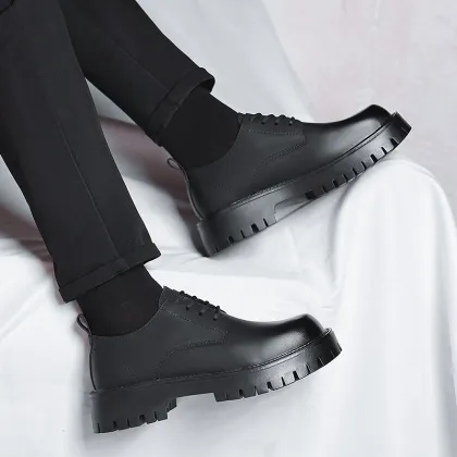 2025 Men's Black Platform Derby Shoes - Round Toe Dress Shoes