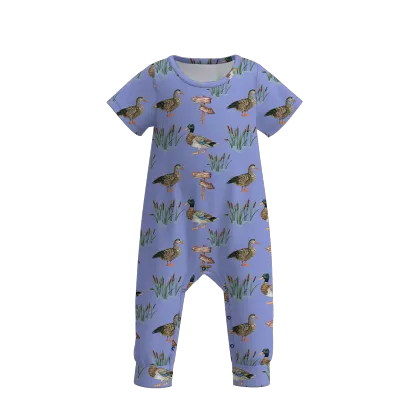 Customized Organic Cotton Infant Boys Summer Jumpsuit with Wild Duck Goose Print