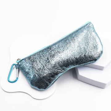 Blue PU Leather Soft Zipper Sunglasses Case with Hook