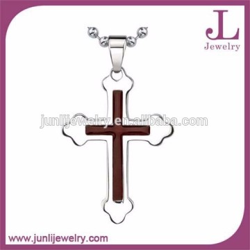 Brown Enamel Silver Stainless Steel Traditional Christian Cross Pendant