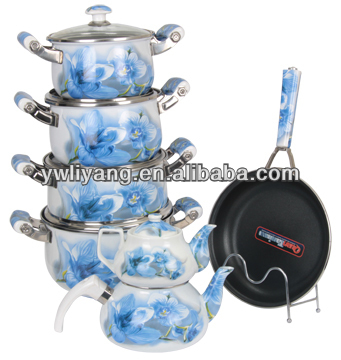 Customized Enamel Cookware With Ceramic Stainless Steel Handle 13 Pcs Enamel Non-stick Casseroles Set With Glass Lid