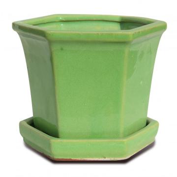 5" Hexagon Ceramic Flowerpot with Saucer attached