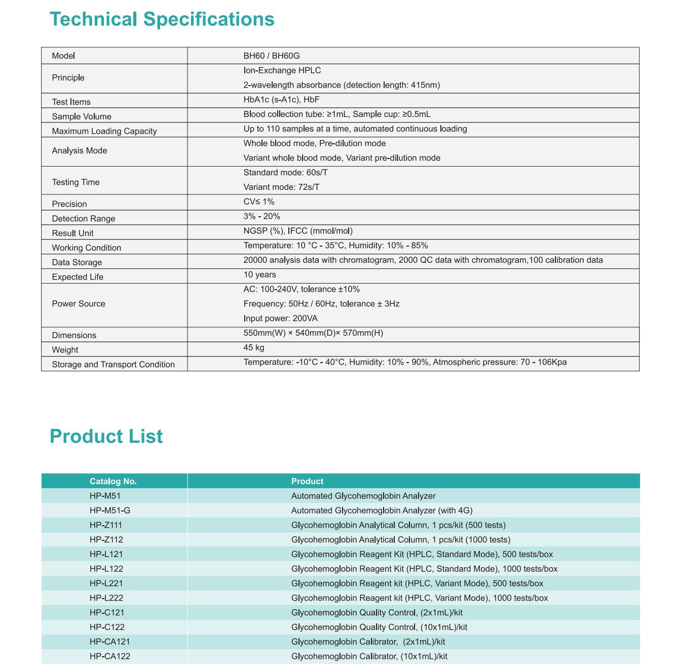 Specifications Of Bh60 Automated Glycohemoglobin Analyzer