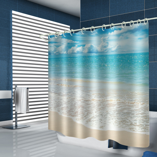 Sea Wave Beach Waterproof Shower Curtain Blue Ocean Bathroom Decor Shower Curtain with Hooks