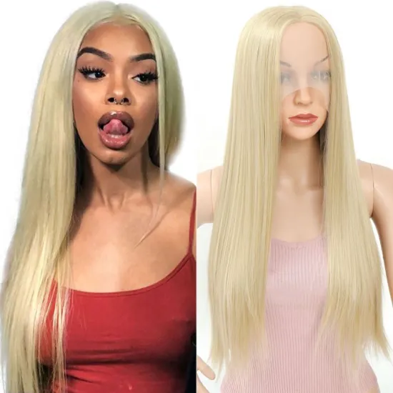 Straight Synthetic Lace Front Wig Middle Parting Hand Tied Blonde color High Temperature Fiber For Women Long Lace Wigs