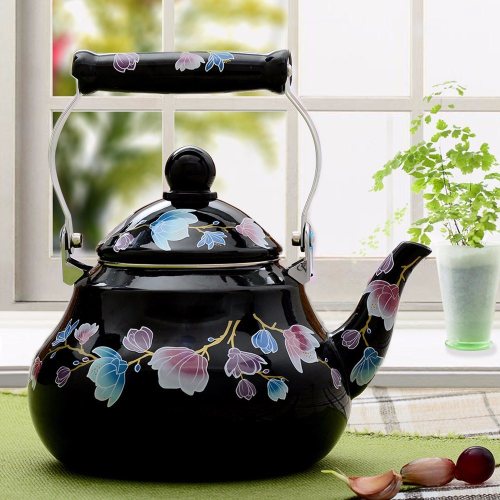 Good Quality Black Flower Decale Tea Pot Pear Shape Enamel Kettle