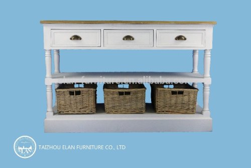 Solid wood furniture storage wooden table with 3rattan basket drawers for living room