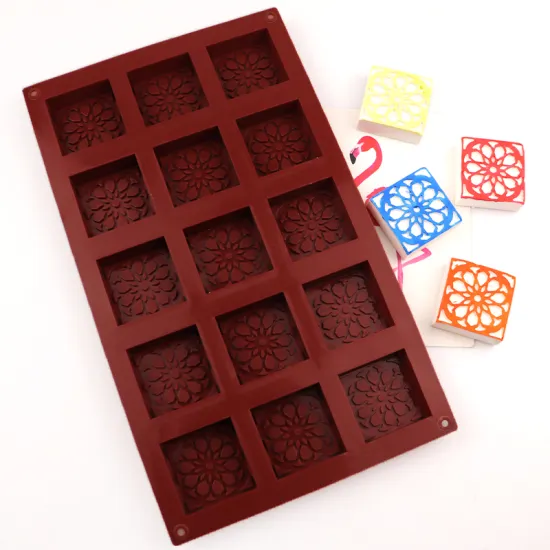 044 Silicone Mold: 15 Hole Square Waffle Shape Cookie Mold for Cake Decorating with Tradition Lace Flower Pattern