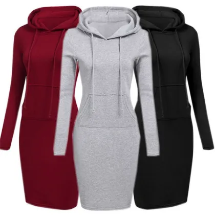 100% Polyester Women's Slim Fit Hooded Sweatshirt Dress