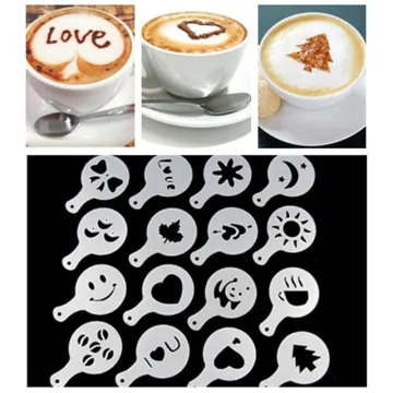 New 16 Pcs/set Fancy Coffee Printing Model Foam Spray Cake Stencils Coffee Drawing Cappuccino Mold Powdered Sugar Sieve Tools