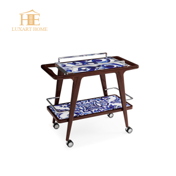 Blue Swirl Trolley with Glossy Wooden Legs