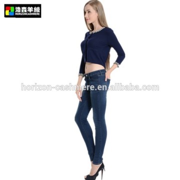 Roll Neck Short Pullover with Jewel-Encrusted, Fancy Navy Dew of Navel Cashmere Pullover