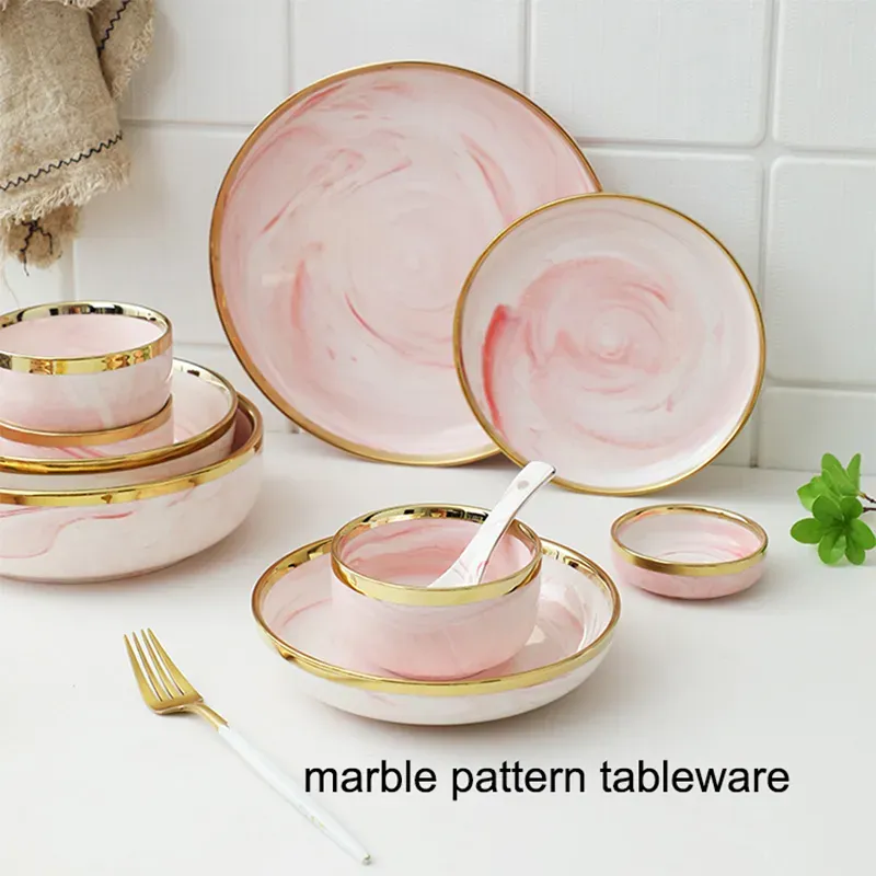 Luxury Marble Pink Glaze Ceramic Charger Plates with Gold Edge