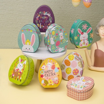 Cross-Border Easter Bunny Themed Flat, Egg-Shaped Tinplate Box: A Unique Children's Gift Candy Container