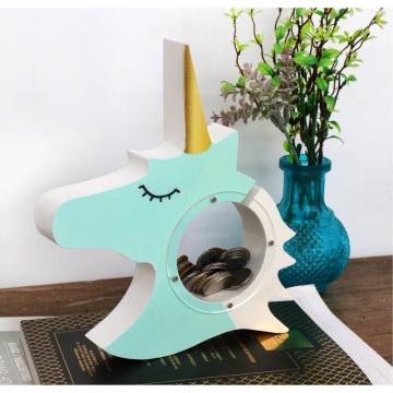 23816Wooden decorative money pot in unicorn shape