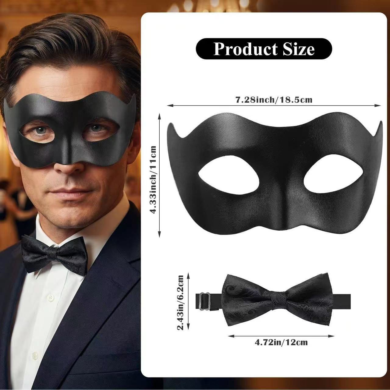 Mens Venetian Mask Bow Tie Costume Set Black Masquerade Mask Gentleman Party Kit Vintage Gentleman Eye Mask Bow Tie Pack Formal Ball Men Masquerade Accessory Set Elegant Black Venetian Mask Suit Kit
