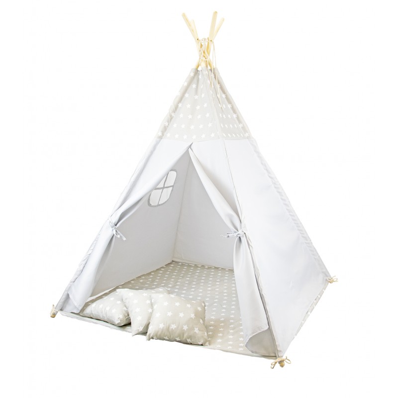 Teepee cinzento para as crianças estrelas com almofadas