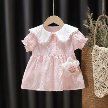 Summer Girl Short Sleeve Skirt Dress with Flower Princess Design for Baby
