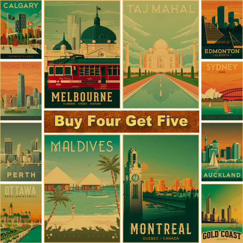 World Travel Art Poster Famous City Landscape Sydney Tokyo Vintage Posters Print Wall Kraft Paper Picture Coffee Bar Home Decor