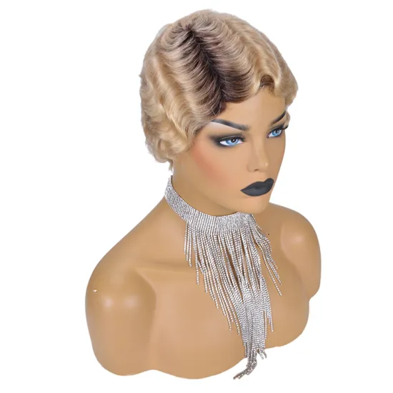 Blonde Color Short Curly Pixie Cut Wigs Wholesale Finger Wave Short Bob Human Hair Wigs For Women