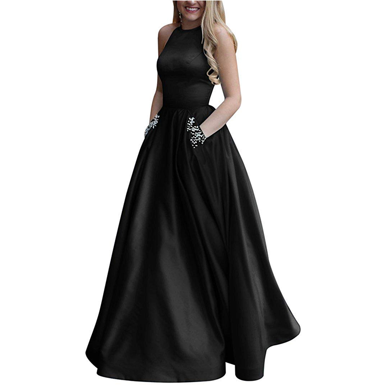 Women's Long Beaded Halter Satin Prom Dress