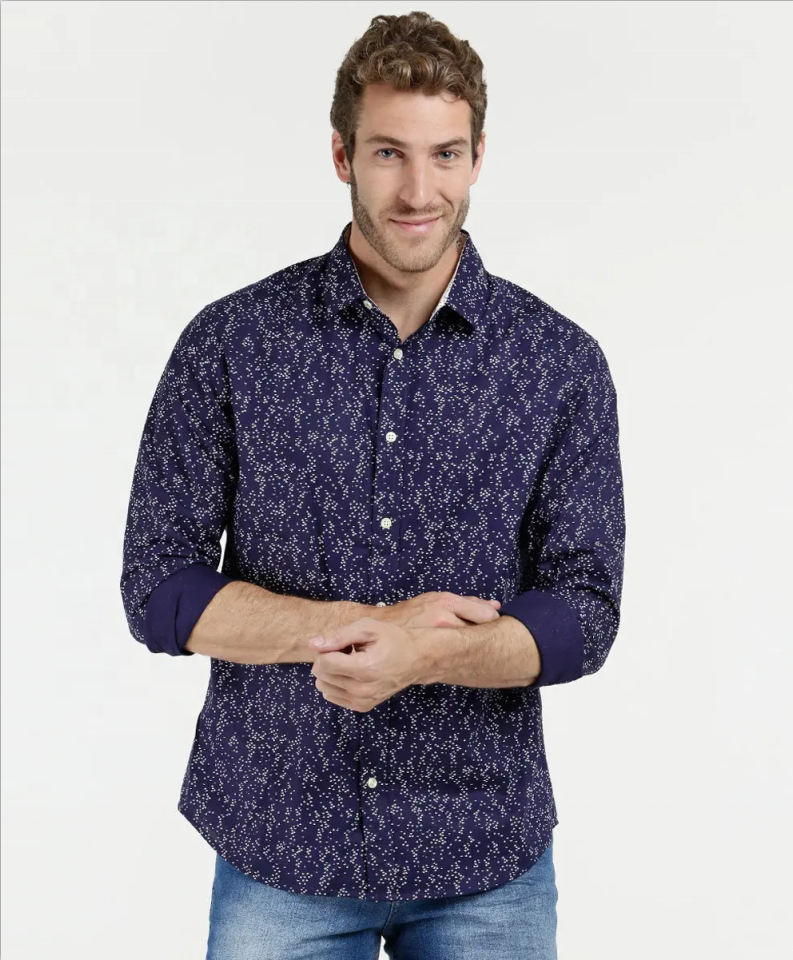 Camisas masculinas 100% algodão casual estampadas de manga longa