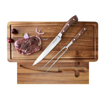 High End 3 PCS Professional BBQ Meat Carving Knife & Fork Set with Bamboo Stand