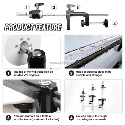 Black Clamp Stainless Steel Wig Head Stand for Professional Training