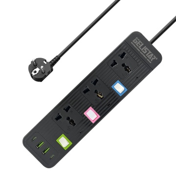 3 çıkışlı, 2 USB ve 2 Tip C bağlantı noktalı siyah çoklu fiş - özelleştirilebilir ayrı anahtarlar