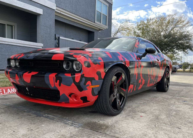 Bape Ape Design Digital Vinyl Car Wrap Red And Black Camoflage ADT Tech 2