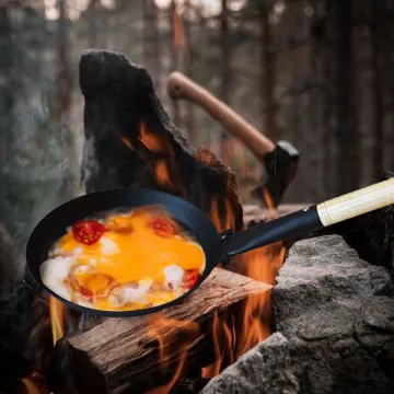 Portable Backpack Cooking Equipment round Frying Pan for Outdoor Camping Folding Handle Anti-Scratch Carbon Steel Frying Pan