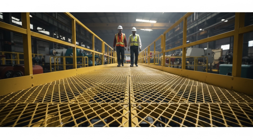 Expanded metal grating installed on industrial walkway with anti-slip surface